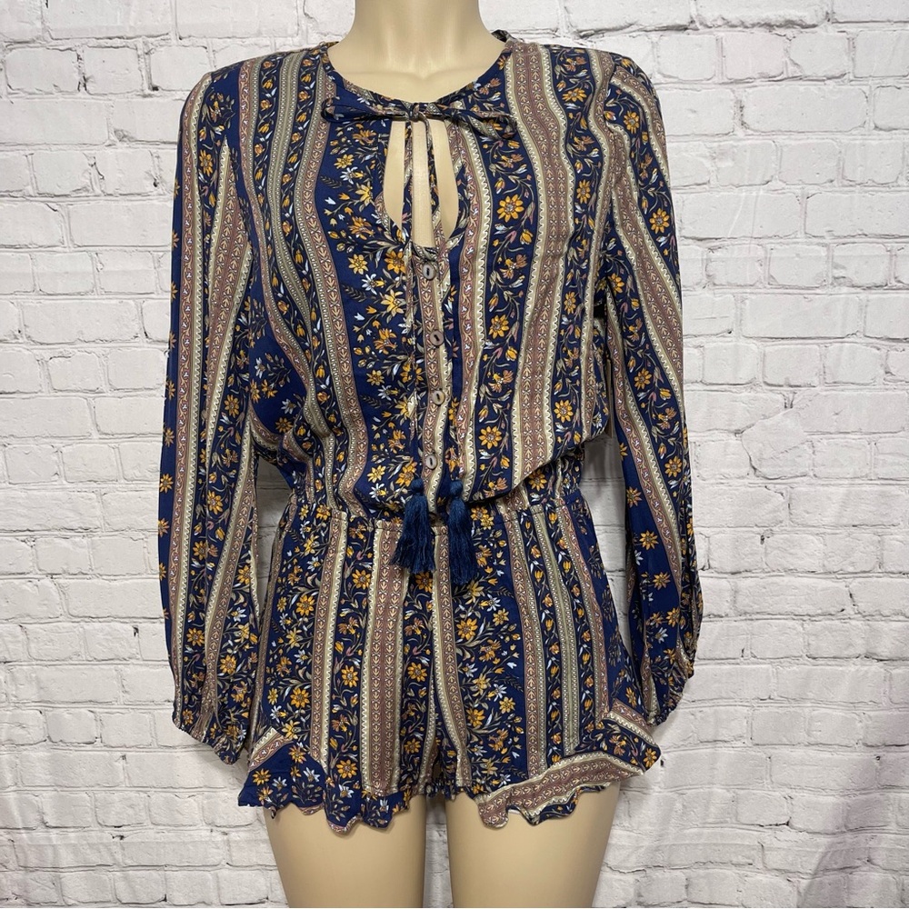 American Threads Women's Beige & Blue Rayon Long Sleeve Romper Size S.